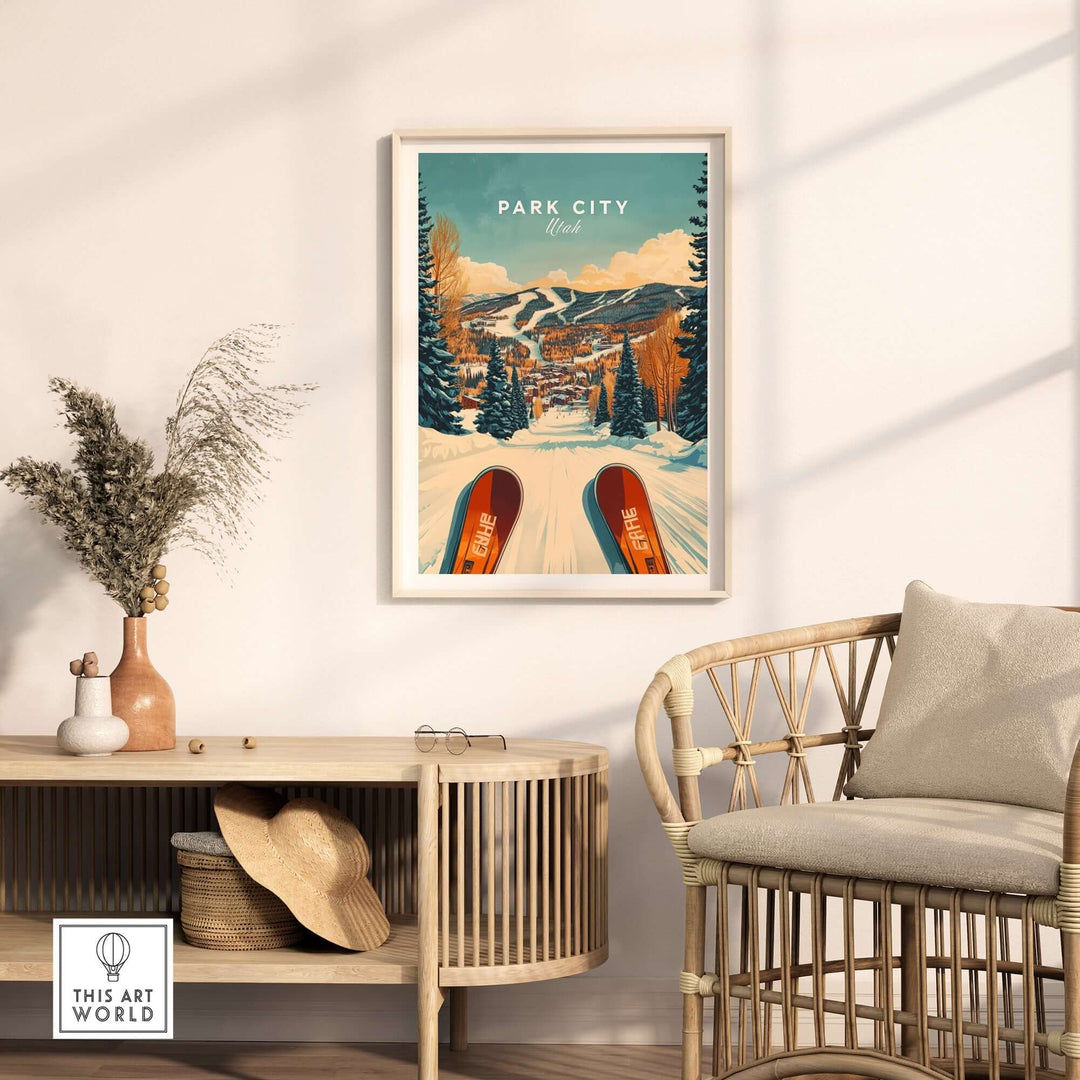 Ski print poster of Park City, Utah, showcasing winter sports with vibrant colors in a cozy home setting.