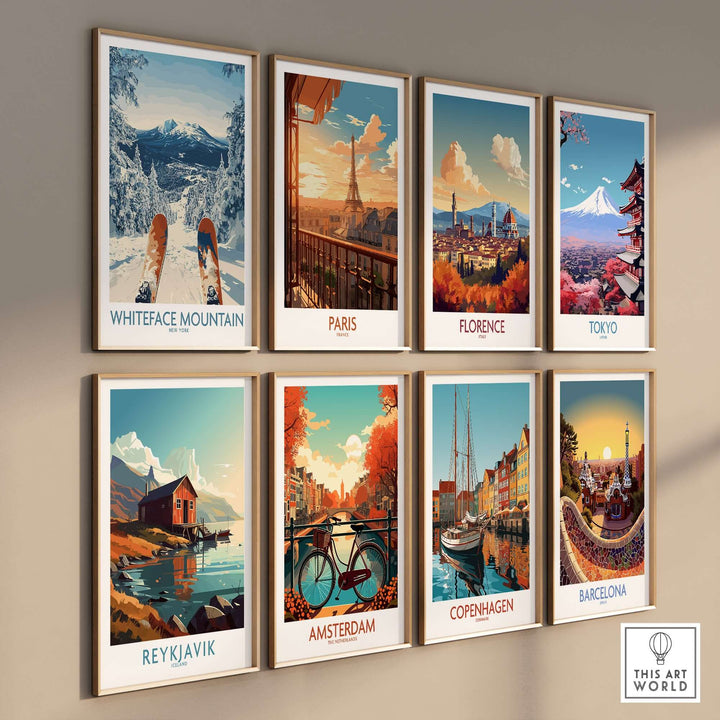 Gallery of travel posters featuring Whiteface Mountain, Paris, Florence, Tokyo, Reykjavik, Amsterdam, Copenhagen, and Barcelona.