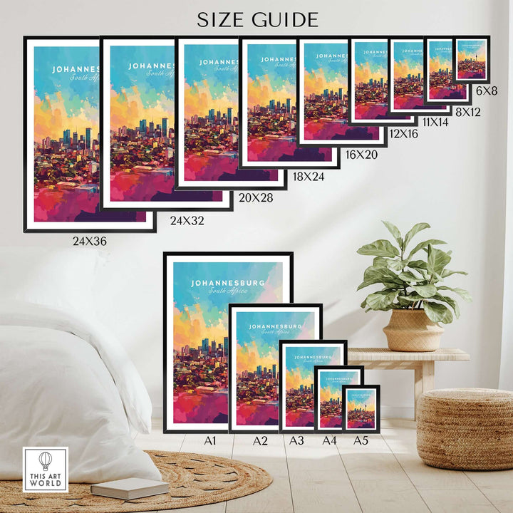 Size guide for Johannesburg skyline art print showcasing various frame sizes and vibrant colors.
