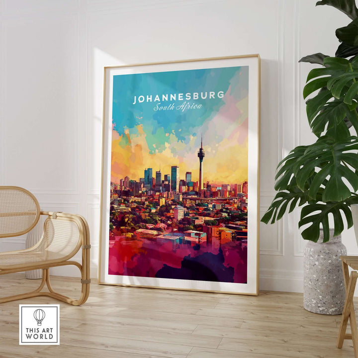 Johannesburg skyline art print showcasing vibrant cityscape colors, perfect for art lovers and South Africa enthusiasts.
