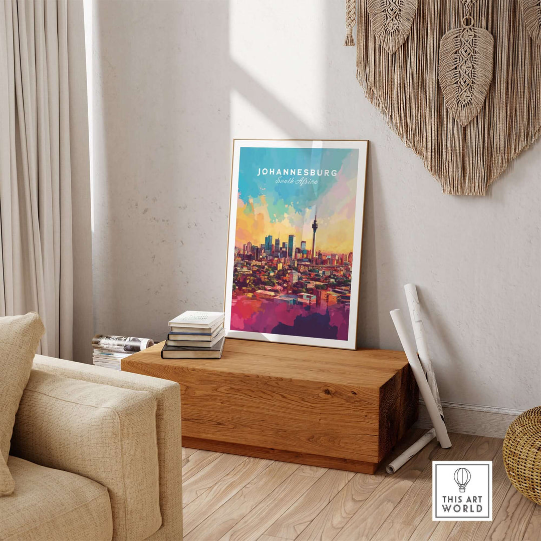 Johannesburg skyline art print showcasing vibrant cityscape colors, displayed in a stylish interior setting.