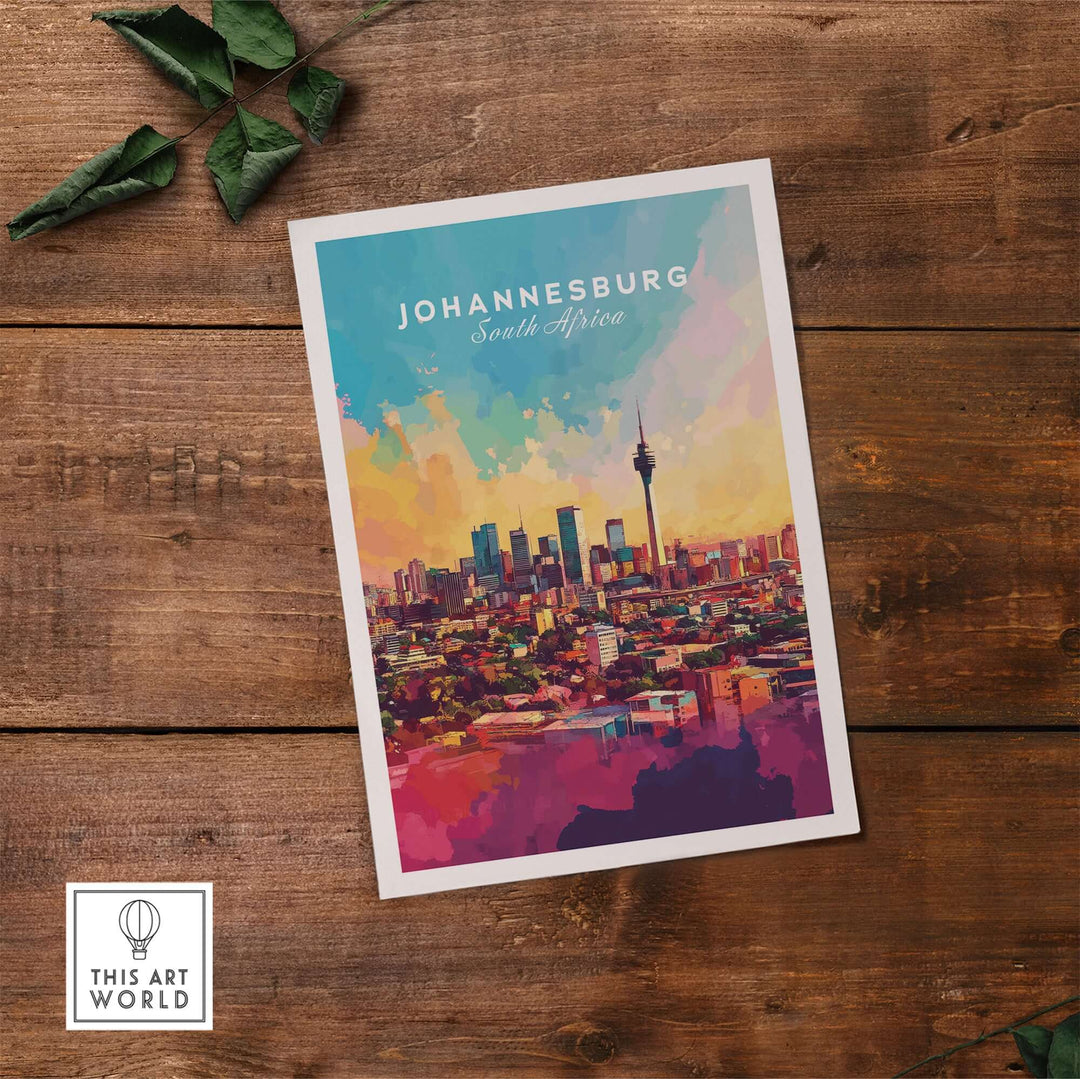 Vibrant Johannesburg skyline art print featuring cityscape and cultural landmarks of South Africa.