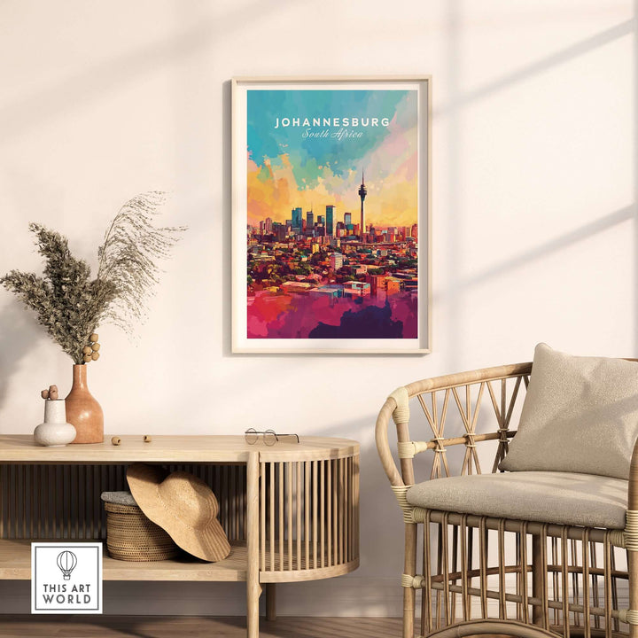 Johannesburg skyline art print displayed in a modern room, showcasing vibrant colors and cityscape details.