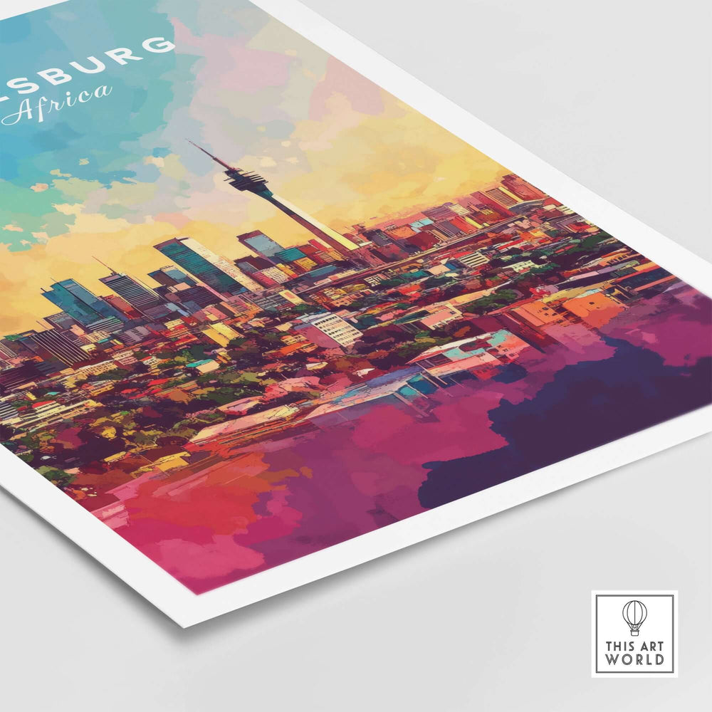 Johannesburg skyline art print featuring vibrant colors and cityscape details on matte paper for South Africa lovers.