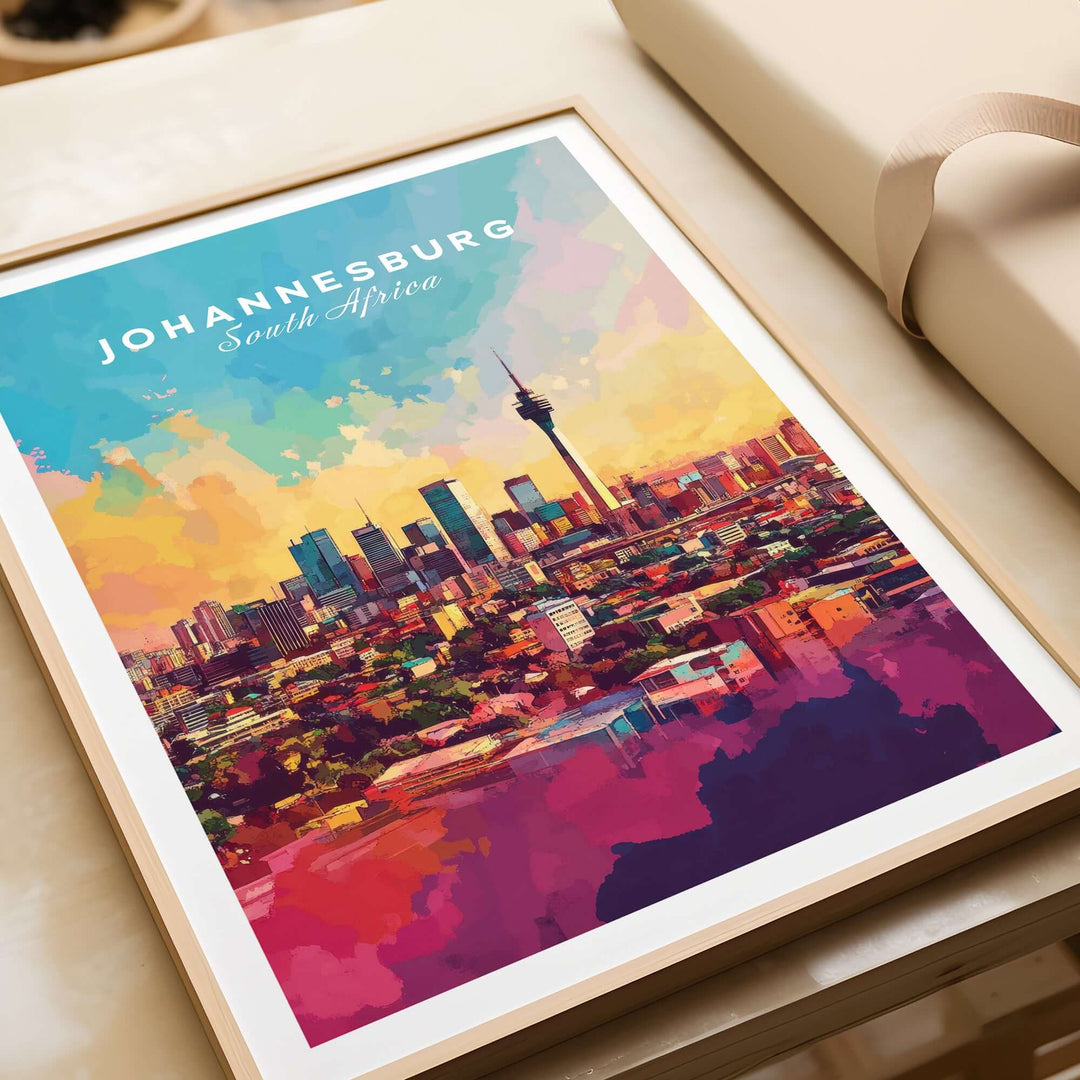 Johannesburg skyline art print featuring vibrant colors and iconic cityscape, perfect for South Africa art lovers.
