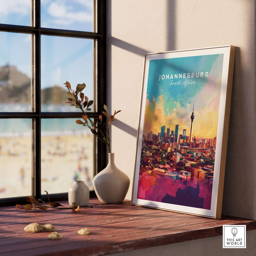 Johannesburg skyline art print showcasing vibrant colors, displayed in a stylish interior setting.