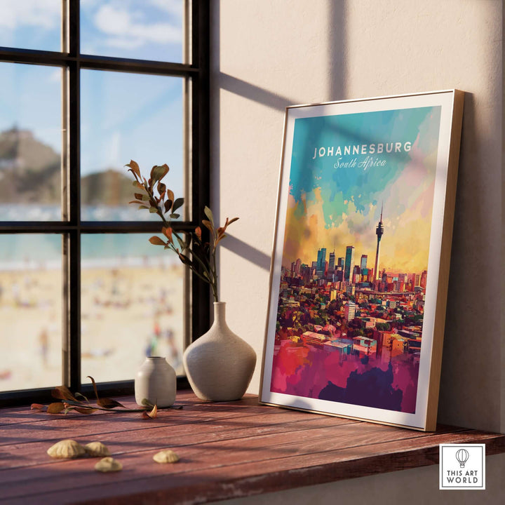 Johannesburg skyline art print showcasing vibrant colors, displayed in a stylish interior setting.