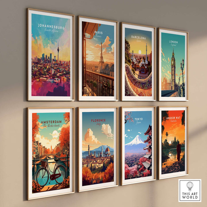 Gallery of vibrant city skyline art prints, featuring Johannesburg, Paris, Barcelona, London, and more.