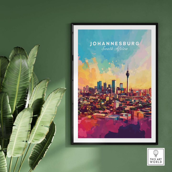 Colorful Johannesburg skyline art print framed on a green wall, showcasing South Africa's cityscape.