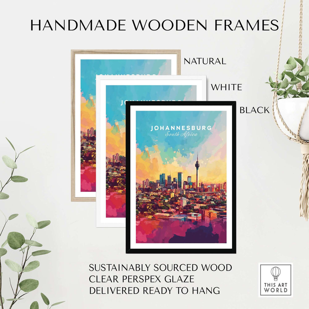 Handmade wooden frames in natural, white, and black for Johannesburg skyline art print, sustainably sourced wood.