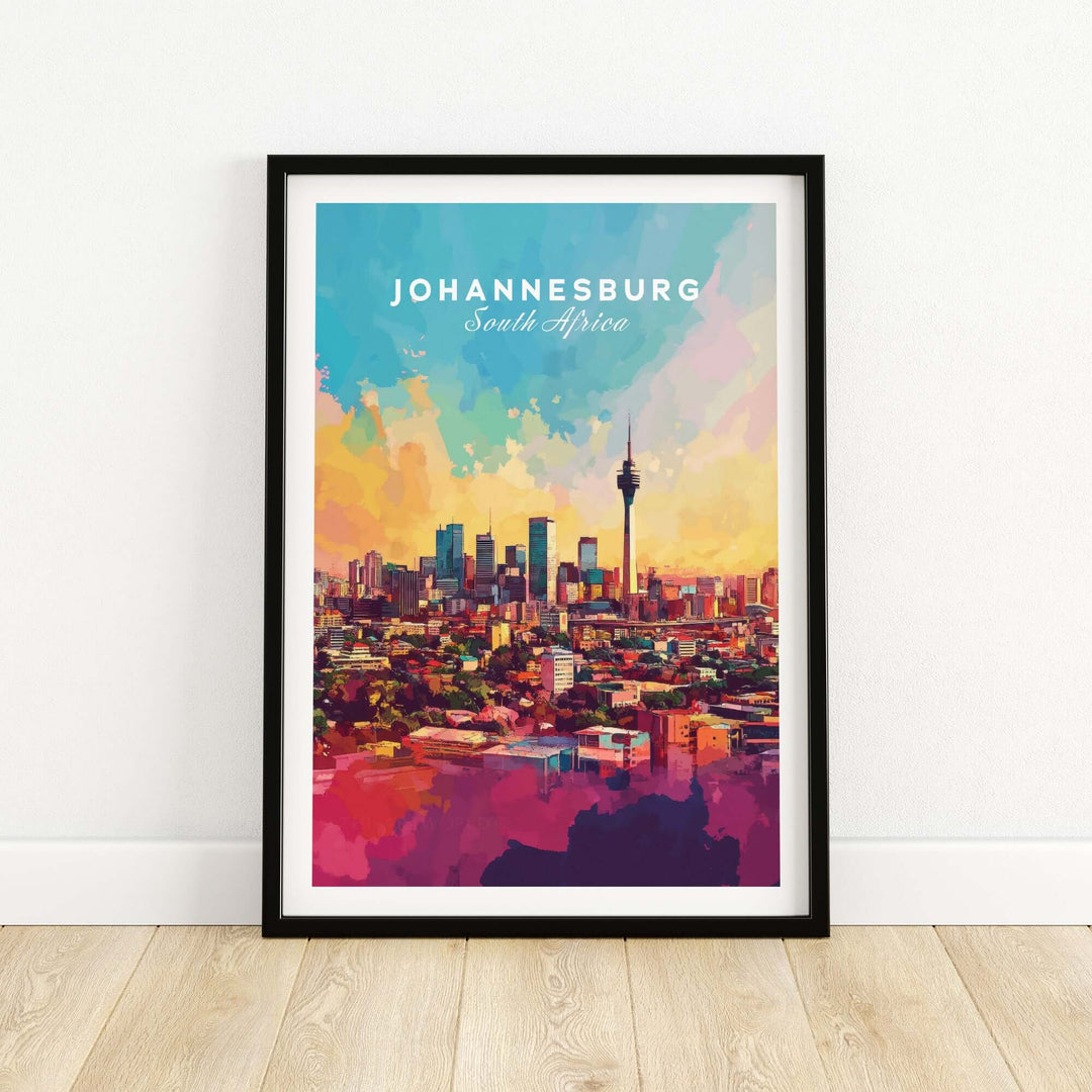 Johannesburg skyline art print in vibrant colors showcasing Joburg cityscape on premium matte paper.