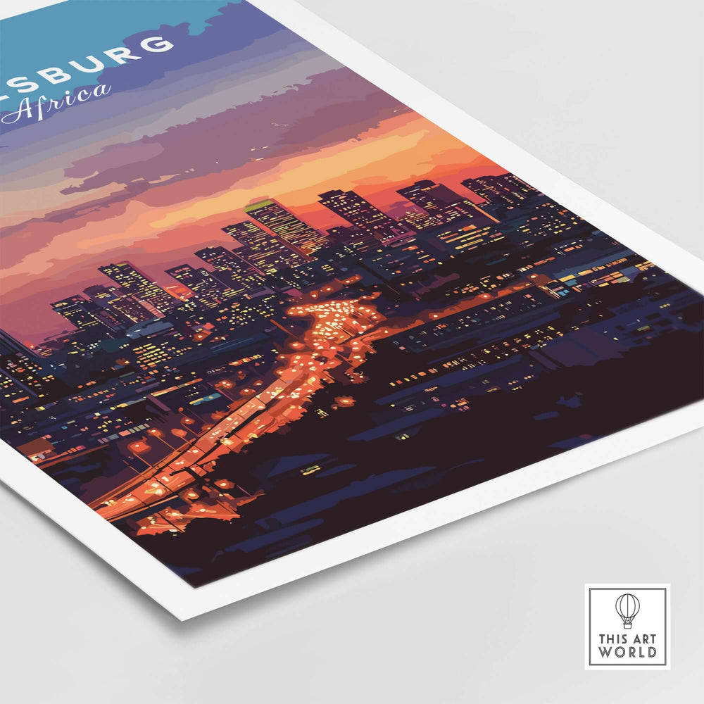 Johannesburg cityscape print showcasing vibrant skyline at night with colorful lights and sunset hues.