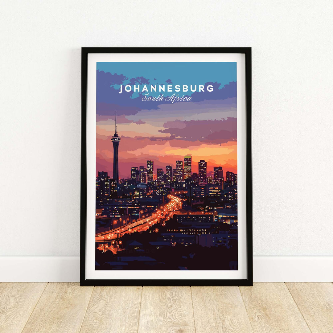 Johannesburg skyline art print featuring cityscape at sunset, vibrant colors and iconic landmarks in South Africa.