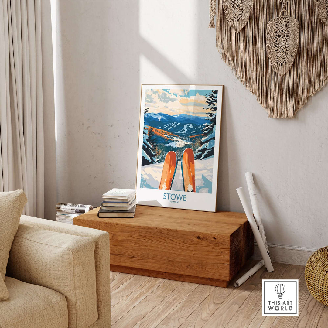 Stowe Valley ski wall art print showcasing vibrant winter landscape and skis, ideal for ski season decor.