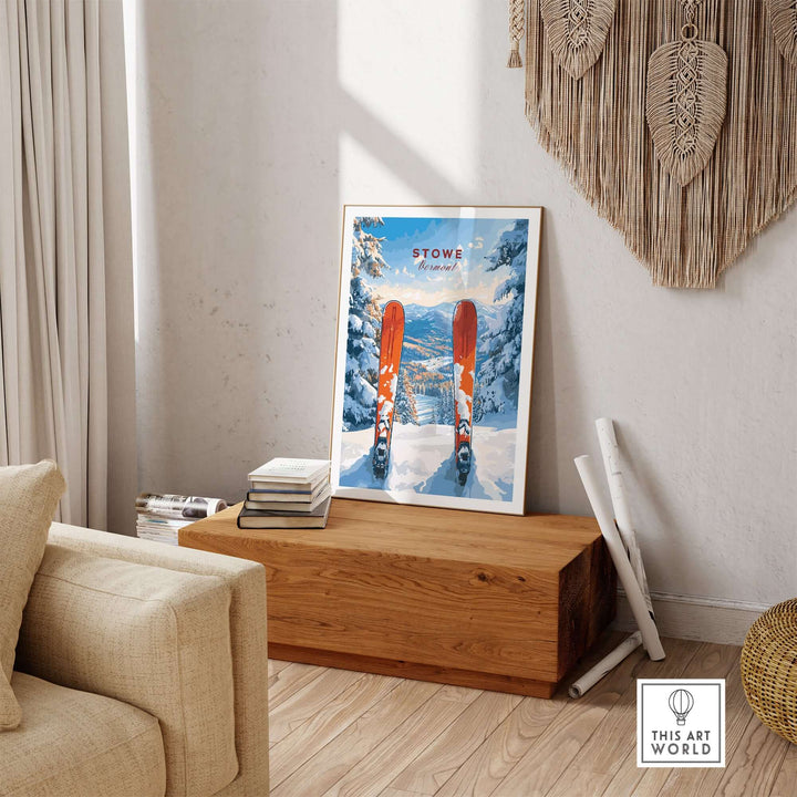 Stowe Vermont ski print featuring snowy mountains and red skis, perfect for winter and skiing wall decor.