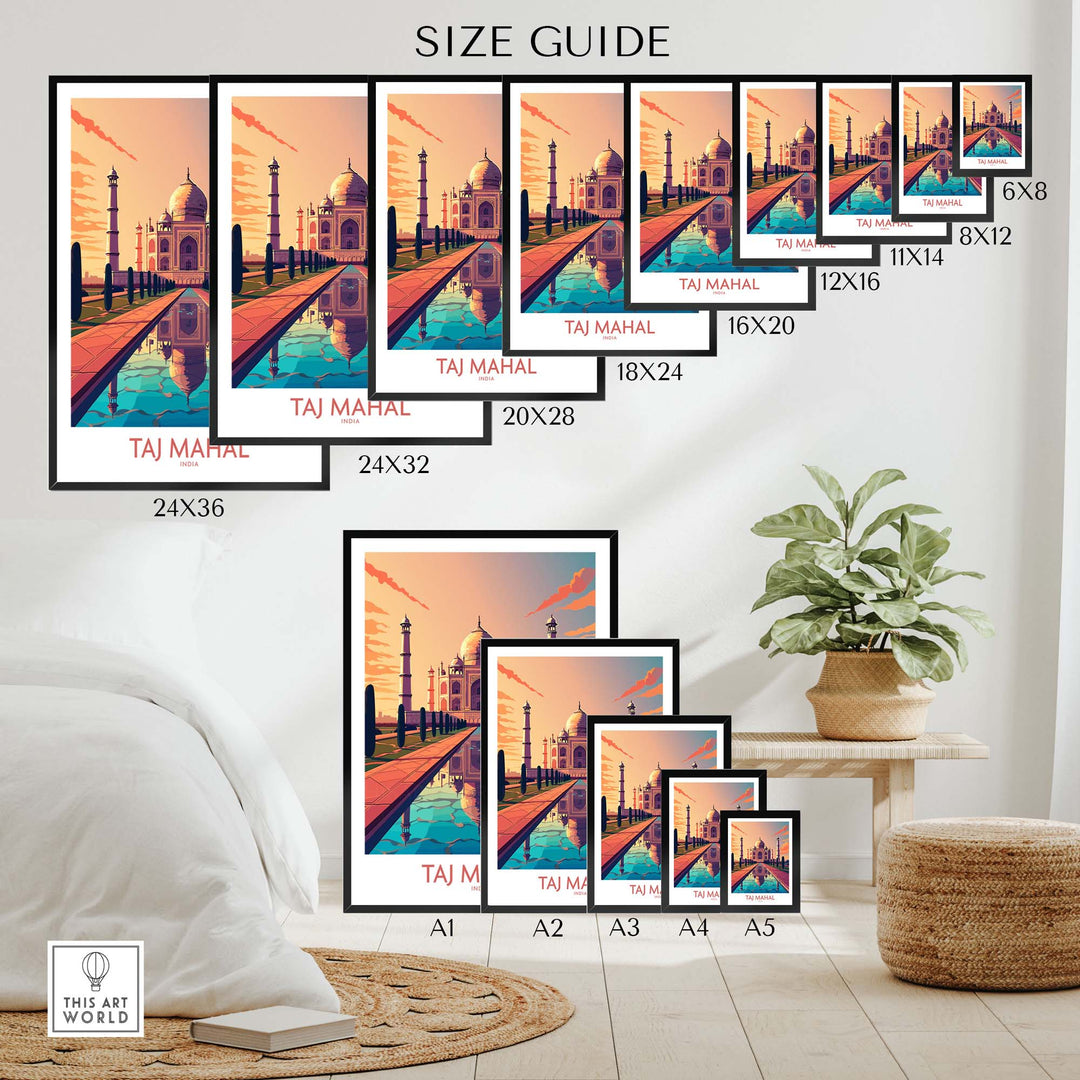 Taj Mahal poster print size guide showcasing various frame sizes for modern wall art decor.