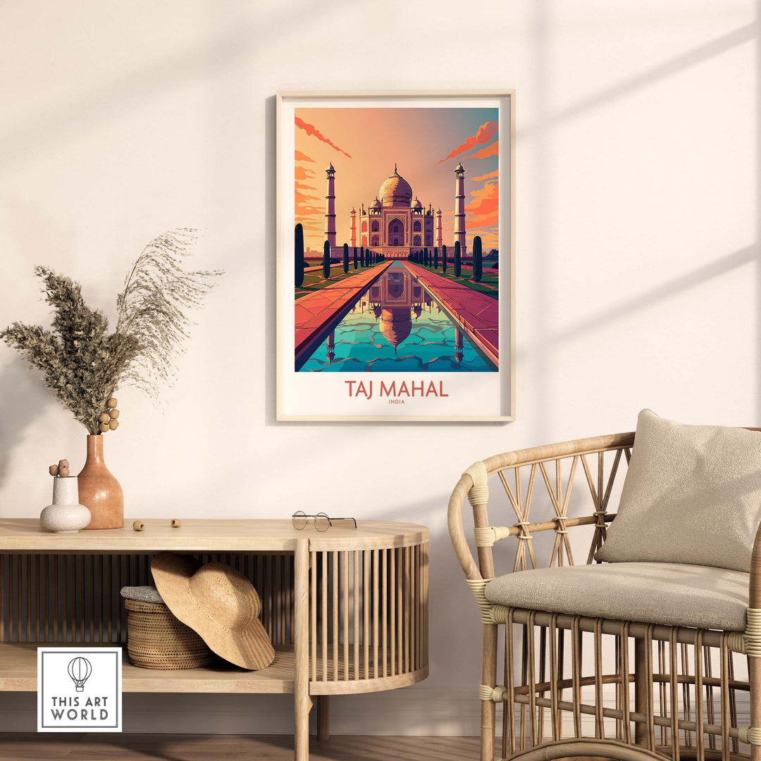 Taj Mahal poster print in modern style, showcasing vibrant colors against a cozy living space backdrop.