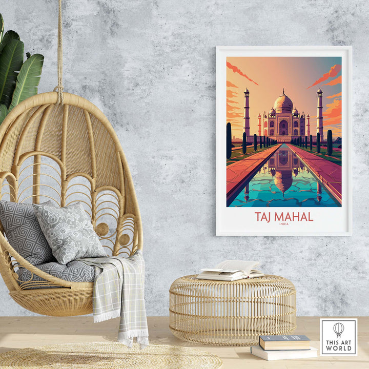 Taj Mahal poster print in modern style, displayed in a cozy interior with a hanging chair and decorative elements.