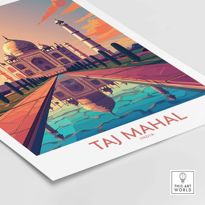 Vibrant modern Taj Mahal poster print showcasing India's iconic monument with beautiful reflections in water.