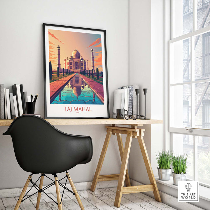 Taj Mahal poster print in modern style displayed on a wall in a stylish home office setup.