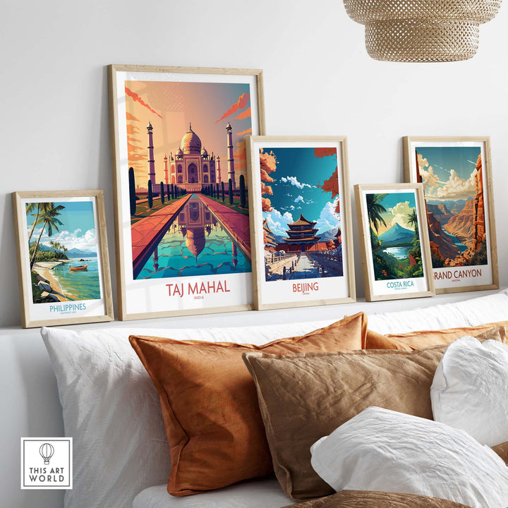 Taj Mahal poster print displayed with travel art from various destinations on a stylish decor setup.
