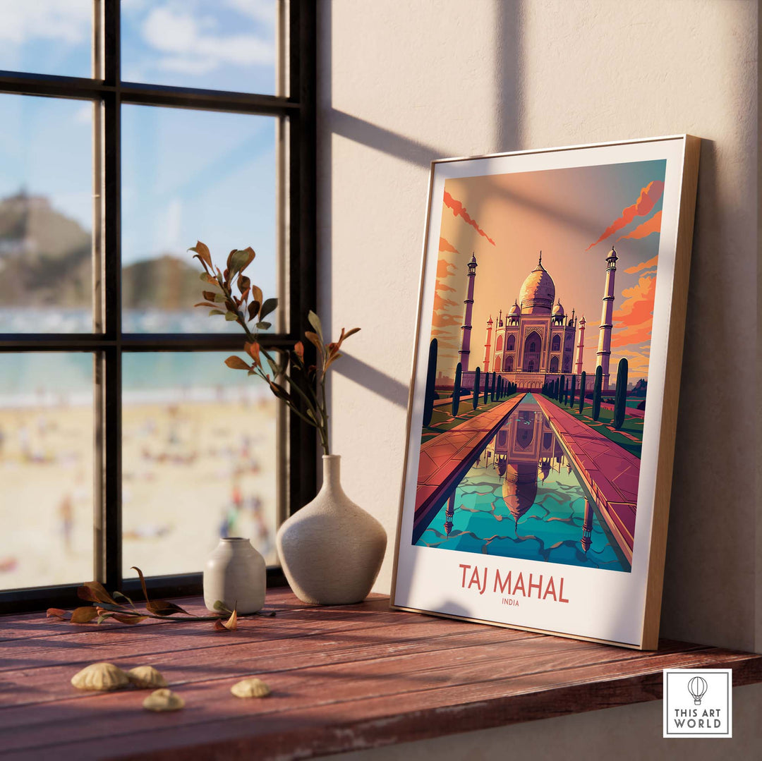 Taj Mahal poster print displayed indoors, showcasing modern art style and vibrant colors, ideal for home decor.