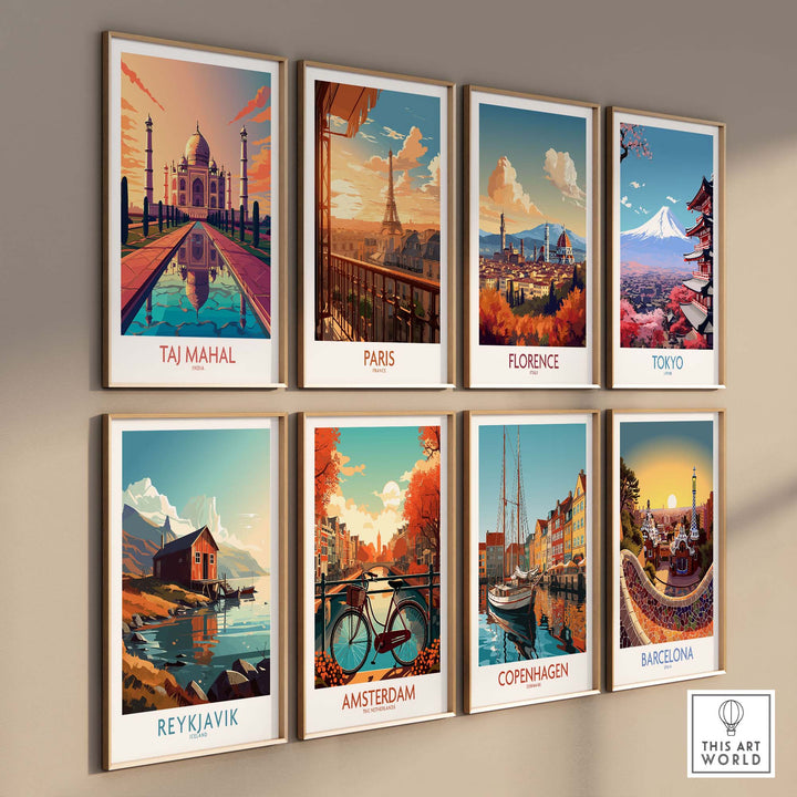 Colorful travel poster prints featuring Taj Mahal, Paris, Florence, Tokyo, Reykjavik, Amsterdam, Copenhagen, and Barcelona.