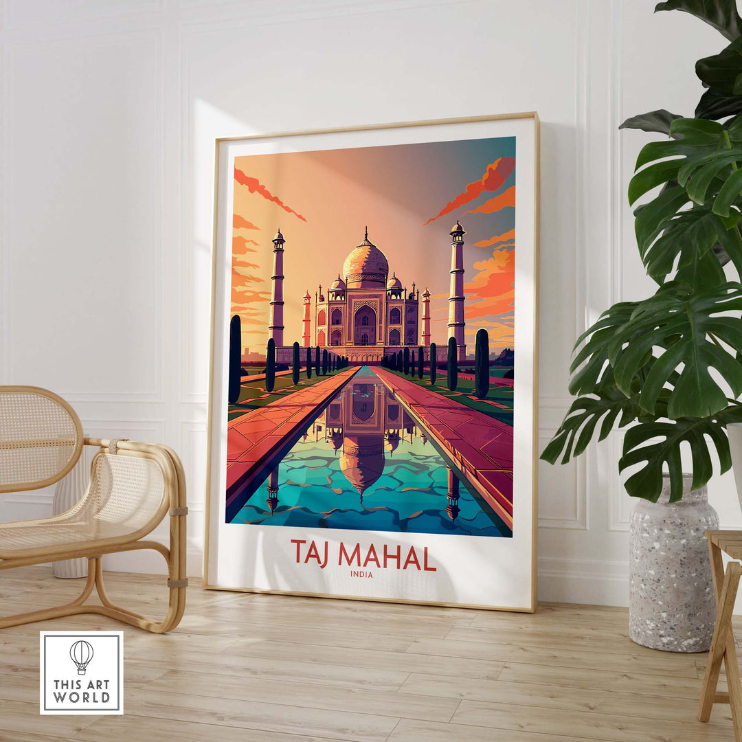 Taj Mahal poster print featuring vibrant colors and modern design, ideal for home decor and art enthusiasts.