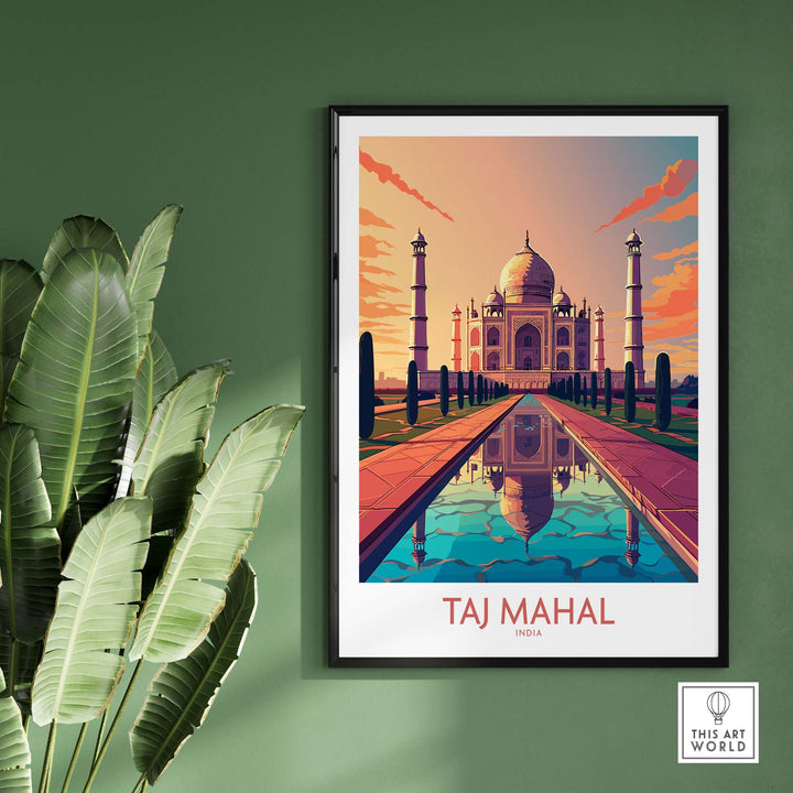 Taj Mahal poster print in modern style showcasing India's iconic monument with vibrant colors and reflections.