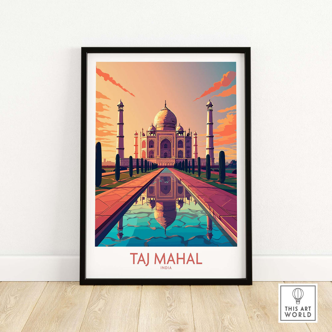 Taj Mahal poster print in modern style, featuring vibrant colors and reflection in water, perfect for home decor.