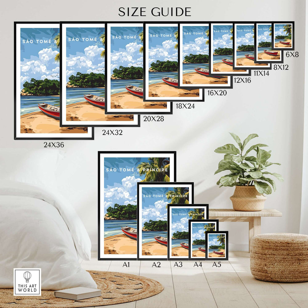 Size guide for Tropical Vibes São Tomé & Príncipe wall art showcasing various frame sizes and coastal scenery.
