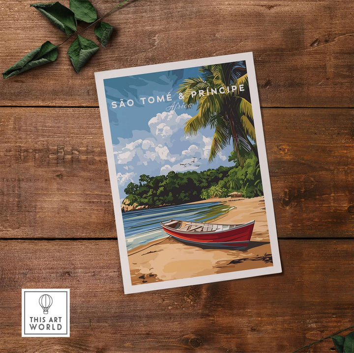 Tropical Vibes wall art featuring a boat on a beach in São Tomé & Príncipe, surrounded by lush greenery.