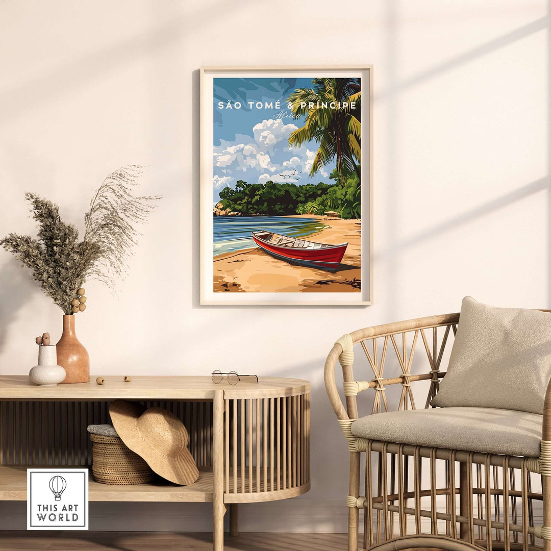 Vibrant São Tomé & Príncipe wall art featuring a tranquil beach scene with a red boat and tropical greenery.