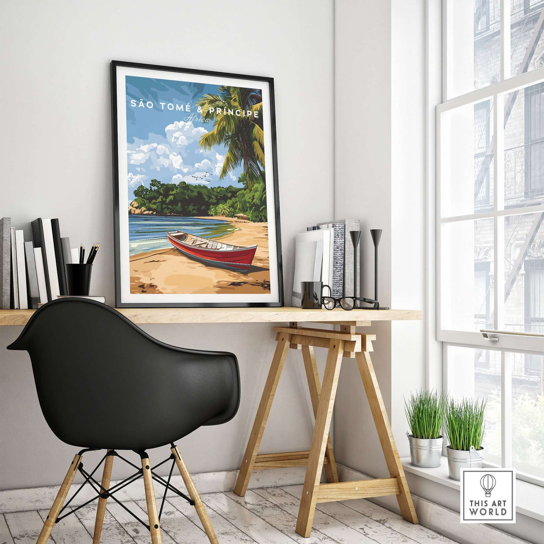 São Tomé & Príncipe wall art framed in a bright room with a wooden desk and chair, enhancing tropical decor.