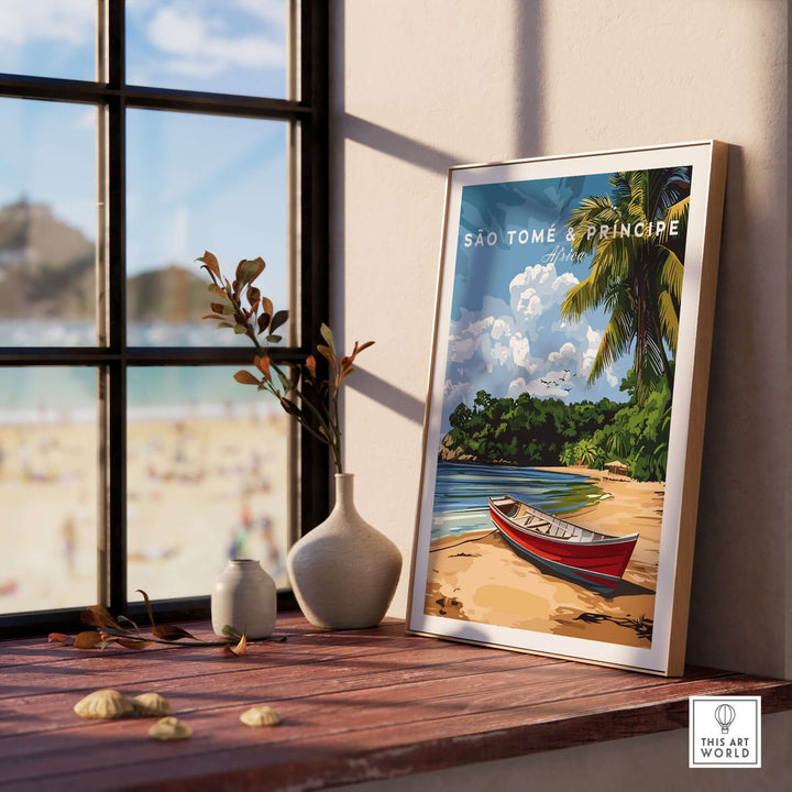 Colorful São Tomé & Príncipe wall art featuring a boat, enhancing tropical decor in a bright room.
