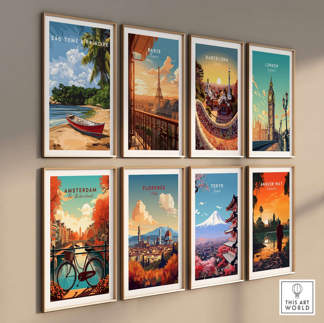 Gallery of vibrant wall art featuring São Tomé & Príncipe, Paris, Barcelona, London, and more.