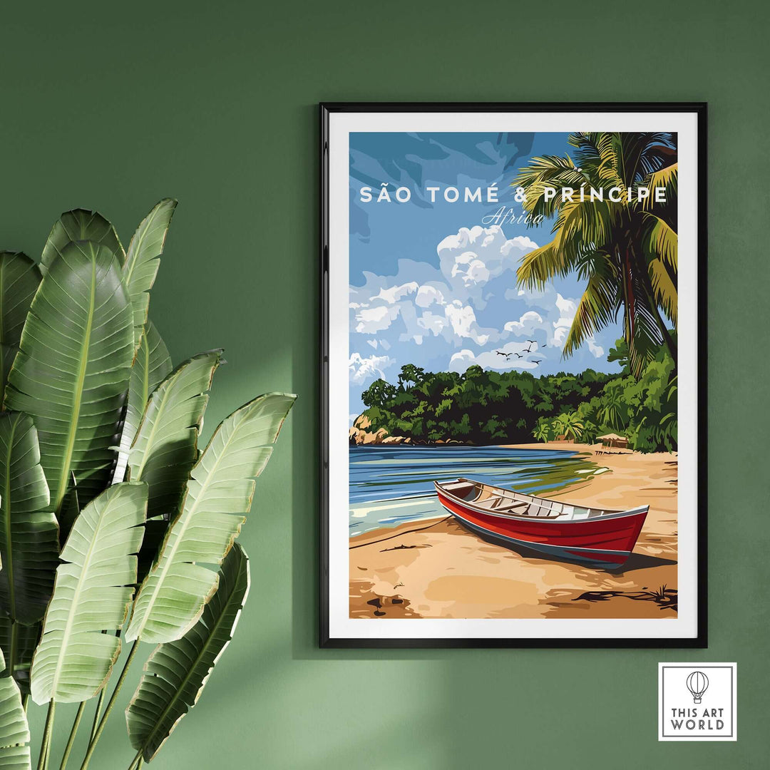 Tropical wall art featuring São Tomé & Príncipe, showcasing a beach scene with a boat and palm trees.