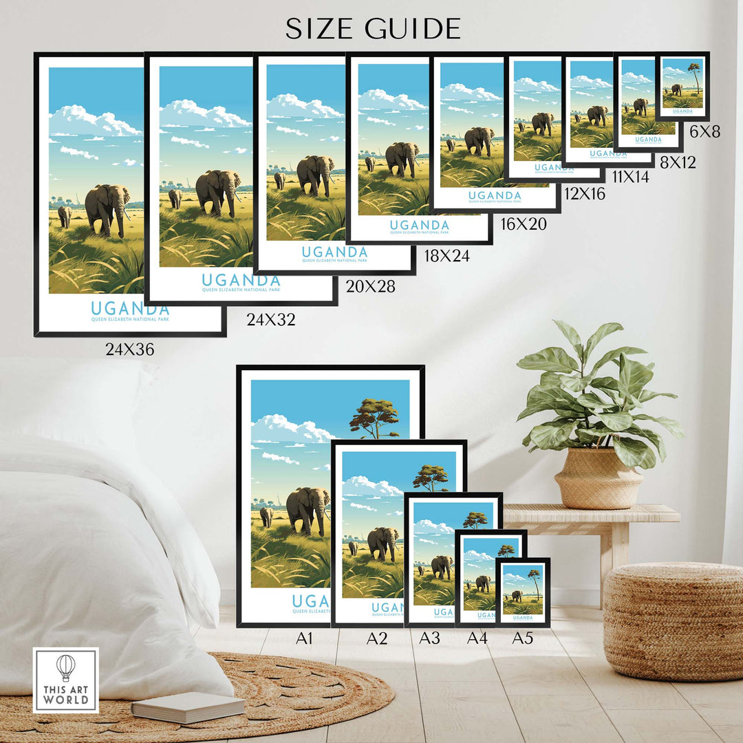 Size guide for Uganda Wall Art featuring elephants and landscapes, showcasing various frame sizes and modern design.