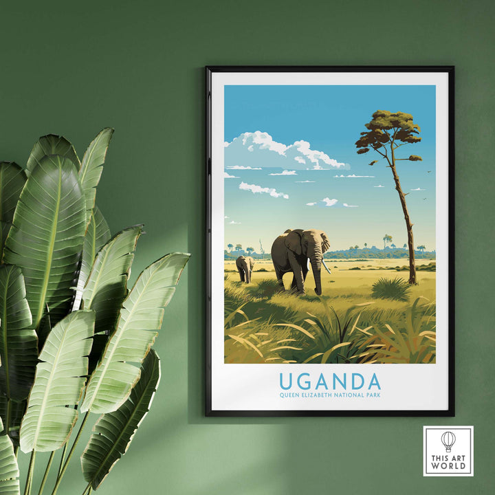 Stylish Uganda wall art featuring elephants in Queen Elizabeth National Park, perfect for modern home decor.