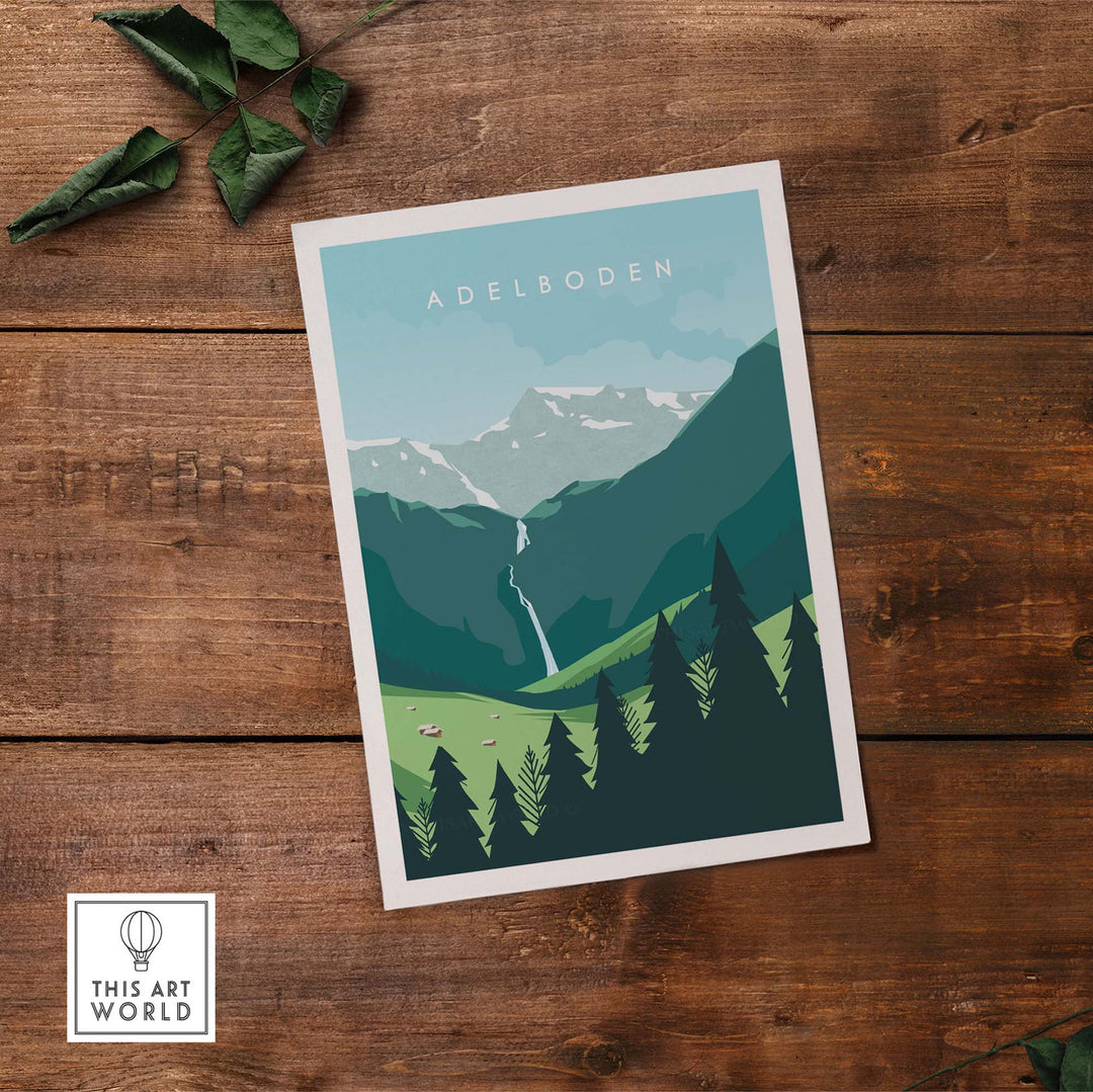 Adelboden travel poster featuring scenic mountains and waterfalls in Switzerland, perfect for wall decor.