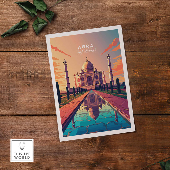Vibrant Taj Mahal wall art print depicting Agra's iconic monument surrounded by a serene reflection pool.