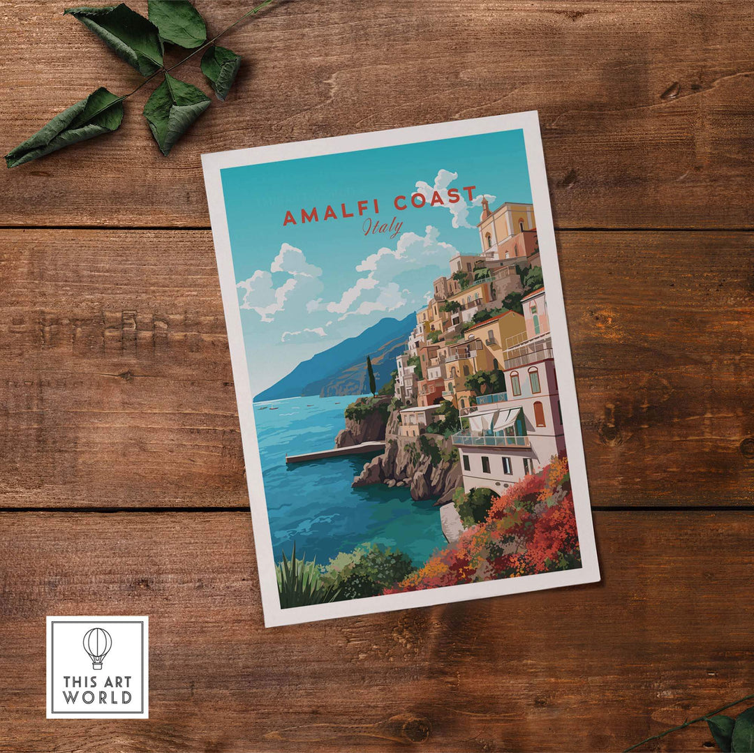 Amalfi Coast Travel Poster Print showcasing vibrant coastal scenery and charming Italian architecture.