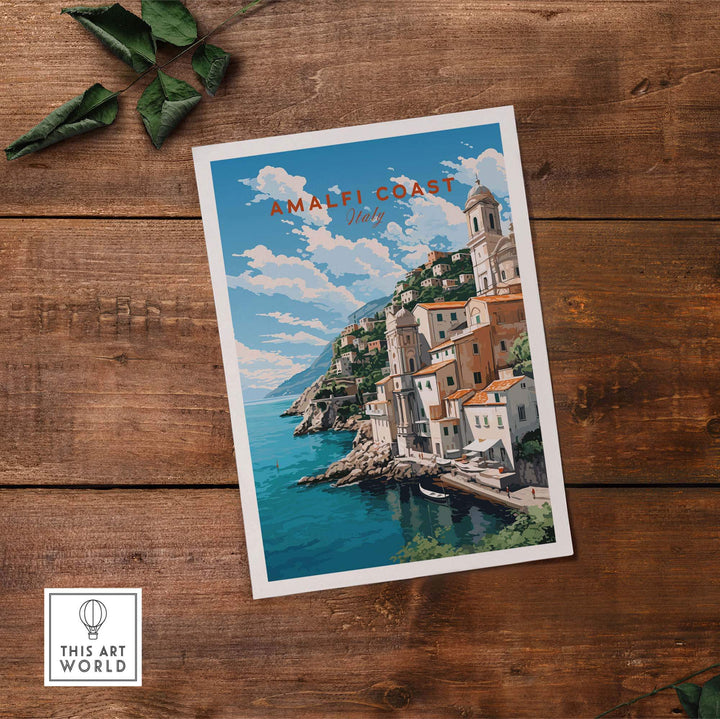 Amalfi Coast Italy travel poster featuring picturesque seaside village and vibrant blue waters.