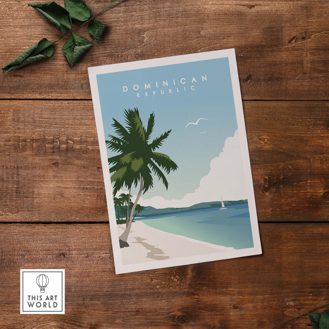 Vibrant Dominican Republic travel poster print featuring palm trees and a serene beach scene.