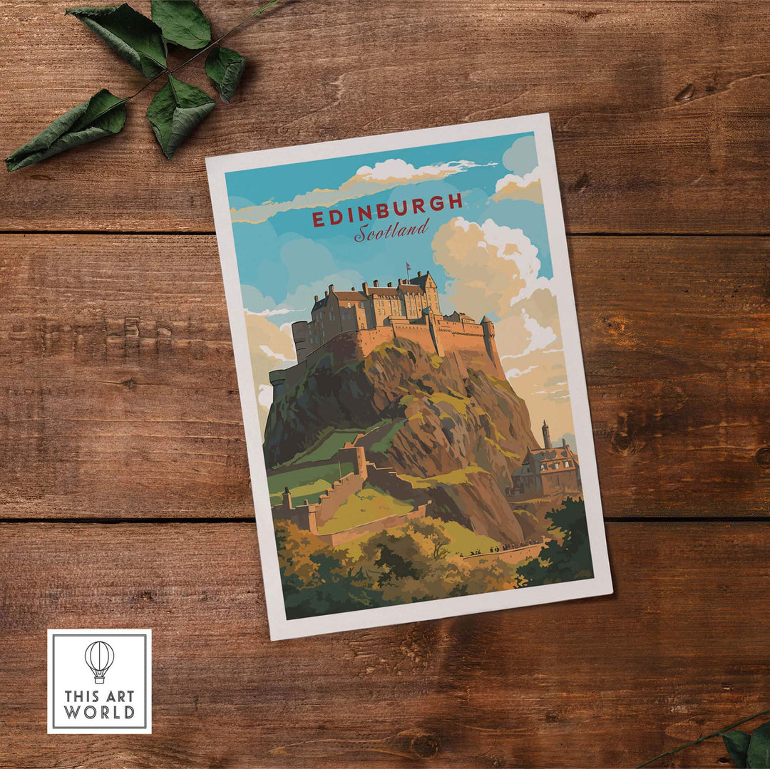 Edinburgh Poster Print showcasing Edinburgh Castle against a scenic sky, perfect for travel and home decor.