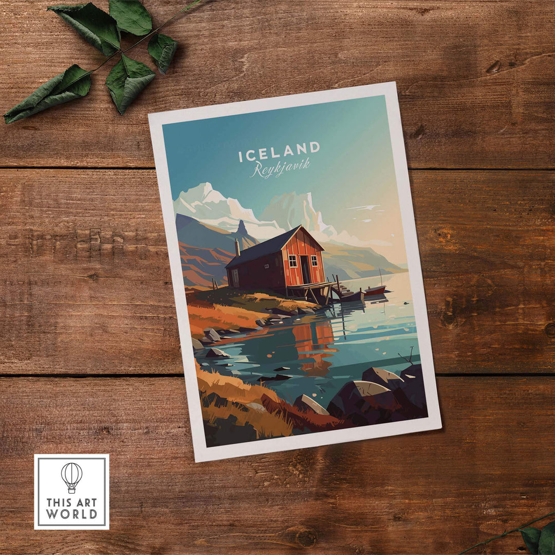 Iceland poster featuring Reykjavik landscape with a colorful cabin by the water, perfect for home decor.