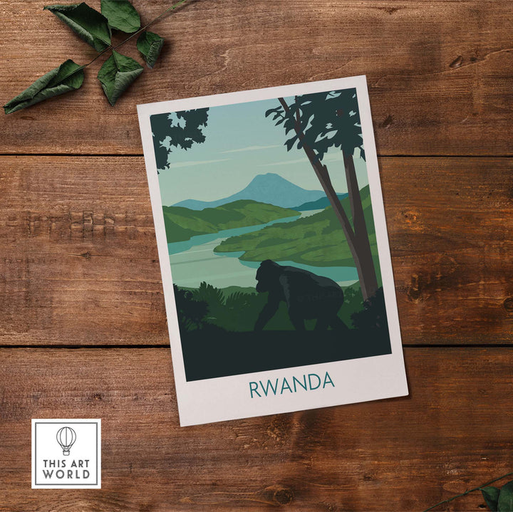 Rwanda Mountain Gorilla wall art print showcasing vibrant colors and natural scenery, perfect for home decor.