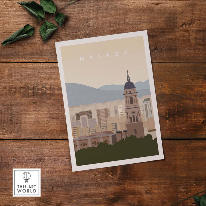 Minimalist Malaga travel poster print showcasing the city skyline and architecture, perfect for home decor or gifts.