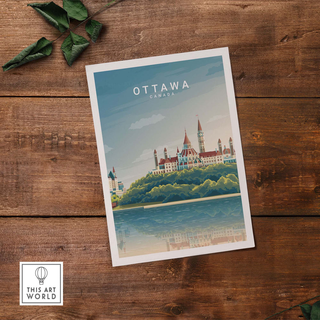 Ottawa Canada travel poster print featuring a vibrant cityscape design on a wooden background.