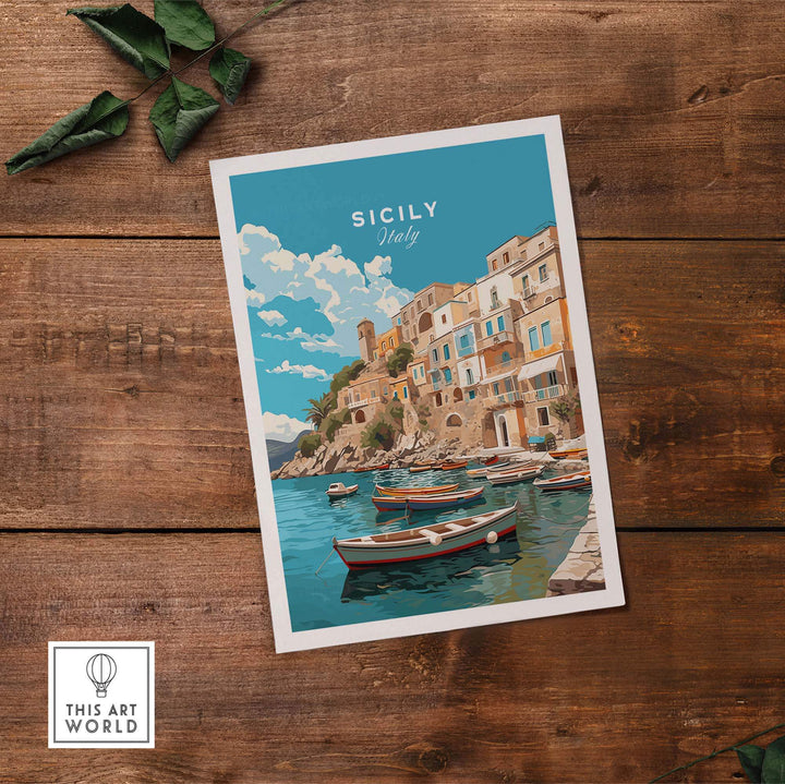 Sicily Wall Art Print showcasing a vibrant coastal scene with boats and Italian architecture.